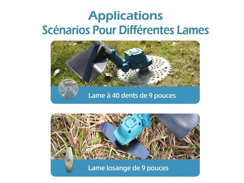 Taille-haie débroussailleuse sans fil 650w, 2 batteries 2000 mah, lames 9 (circulaire 40t et losange), écran d'affichage numérique, outil robuste et polyvalent pour jardin - Conforama D