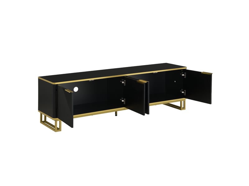  Meuble tv 160 cm noir et or, meuble tv 4 portes avec design géométrique, meuble tv bas salon en mdf  - Conforama W