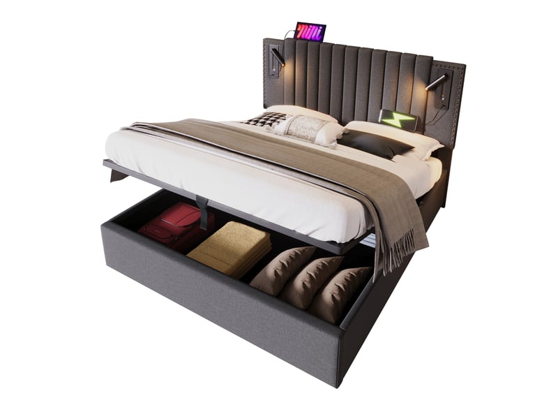 Lit coffre rembourré 180x200 cm, tête de lit réglable cloutée, liseuse, 2 usb-c, rangement hydraulique, tissu coton-lin - gris - Conforama A