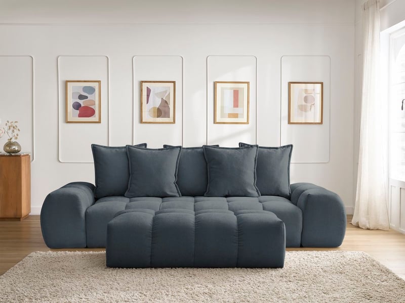  Bobochic canapé droit fixe 3 places everest tissu texturé avec pouf bleu foncé EVEREST - Conforama D
