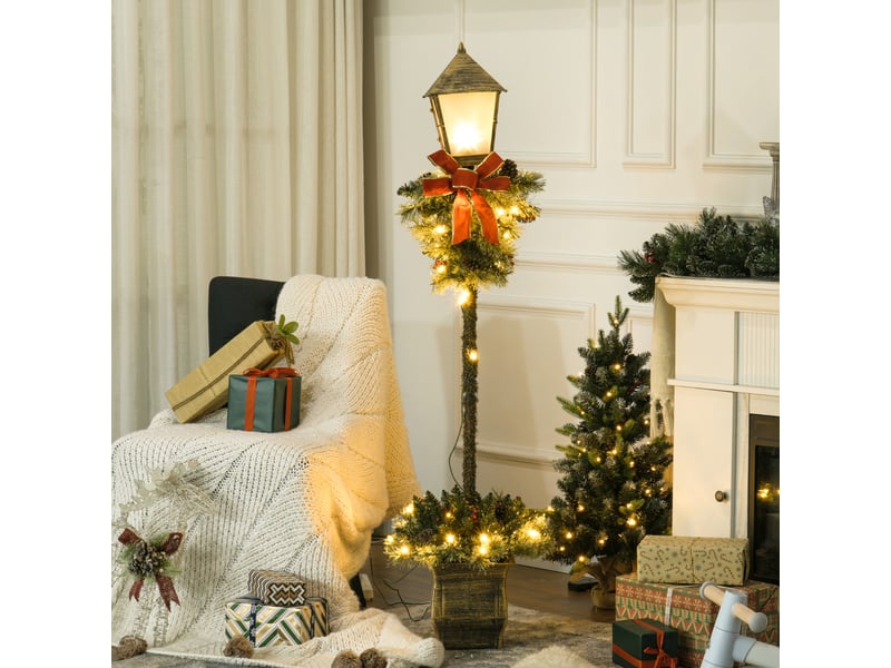  Lanterne de noël avec baies, pommes de pin et nœud, lumières led, tige en métal, 150 cm  - Conforama D