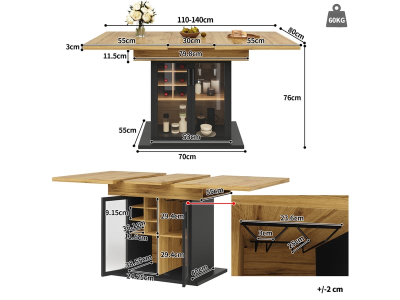 Table à manger extensible 110-140 x 80 cm avec porte vitrée et range-bouteilles - Conforama C