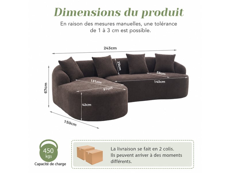  Canapé d'angle avec méridienne gauche, design courbé et montage sans outil en chenille marron 243 × 150 × 67 cm  - Conforama C