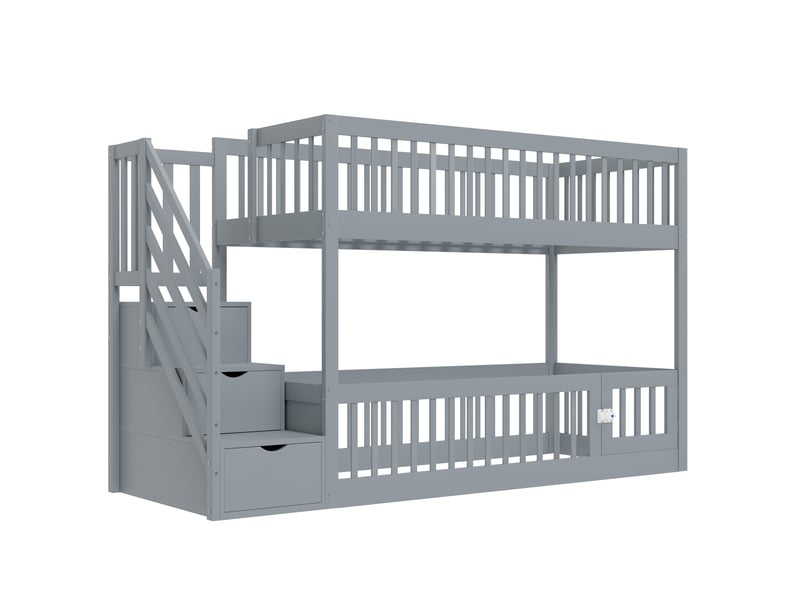  Lit superposé 90x200 cm pour enfant avec escalier de sécurité et tiroirs, lit simple en bois gris avec rangement pour enfants et adolescents  - Conforama E