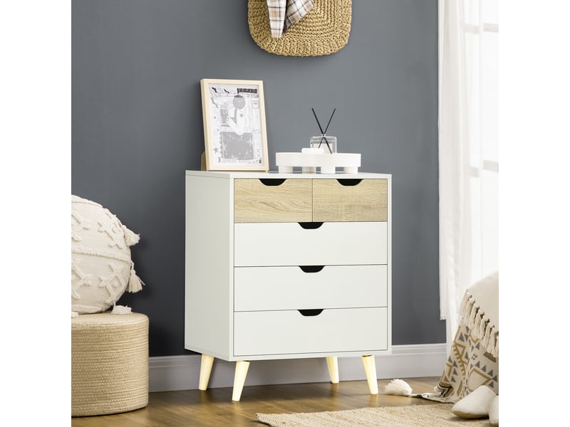  Commode 5 tiroirs meuble de rangement 4 pieds biseautés - bois, 60 x 40 x 77,5 cm, blanc  - Conforama A