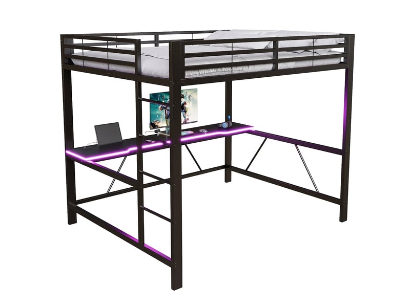 Lit mezzanine gaming 160x200 métal avec bureau intégré, led et port usb, noir  - Conforama A