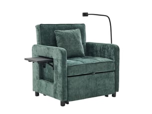 Fauteuil convertible 2 en 1 avec dossier réglable, rangements, tablette et support téléphone en chenille verte