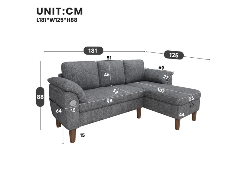  Canapé d'angle 3 places modenvie avec méridienne réversible, rangement, ports usb et type-c, tissu chenille gris clair 181 x 125 x 88 cm  - Conforama C