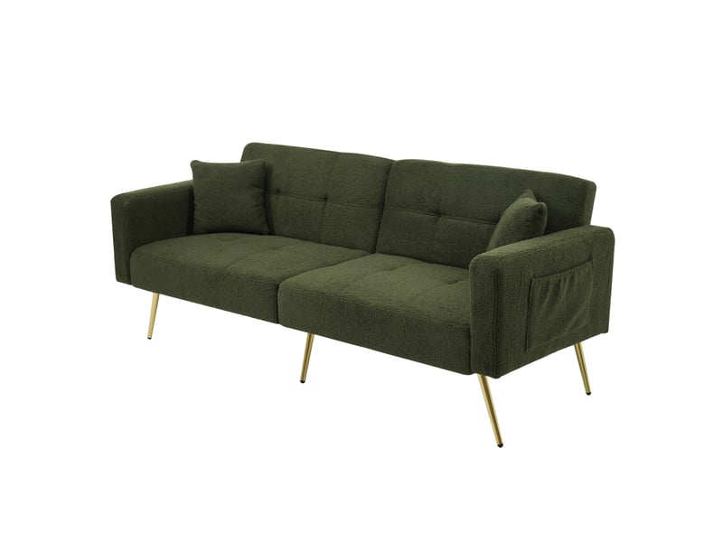 Canapé convertible 2 places en tissu bouclette, canapé vert avec pieds dorés, dossier inclinable 3 positions, avec coussins et poches. - Conforama A