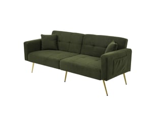 Canapé convertible 2 places en tissu bouclette, canapé vert avec pieds dorés, dossier inclinable 3 positions, avec coussins et poches.