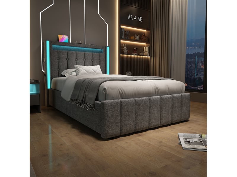  Lit enfant 90 × 200 cm 1 place avec 2 tiroirs, led réglable, usb et type-c, sans matelas, en lin gris  - Conforama C