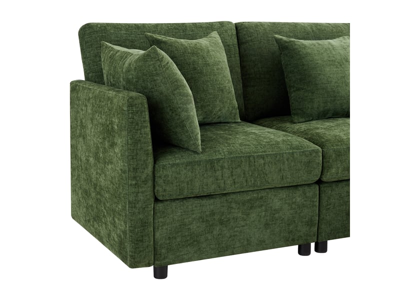 Canapé d’angle modulable en ul en chenille vert, avec 2 poufs et 6 coussins, design moderne - Conforama E