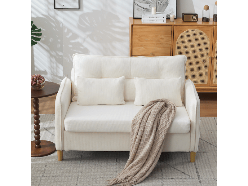 Canapé 2 places beige en tissu chenille, 127 cm, avec accoudoirs, coussins et poches latérales, pour salon moderne - Conforama R
