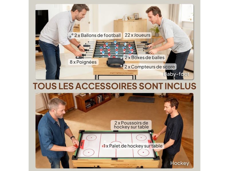  Table multijeux 13 en 1 pliable, table de jeu baby-foot, billard, pour enfants et adultes 120 x 106 x 82 cm noyer clair  - Conforama R