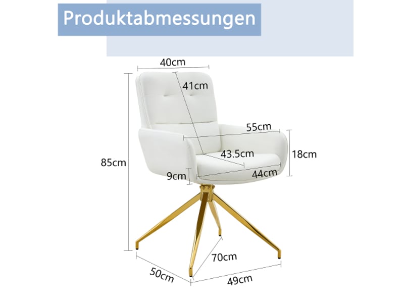 Lot de 2 chaises pivotantes européennes – design luxe léger, siège pu blanc, pieds dorés, rotation 360°, pour dîner - Conforama C
