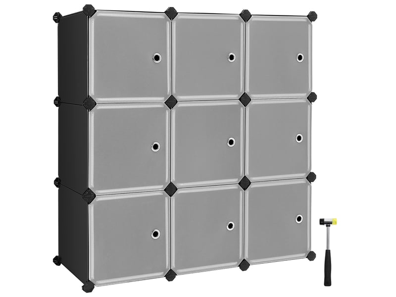 Songmics lpc116hs meuble de rangement 9 cubes en plastique avec portes, armoire modulaire pour vêtements, chaussures, jouets, livres, facile à assembler, noir 31 x 93 x 93 cm, Excellente stabilité,Noir - Conforama B