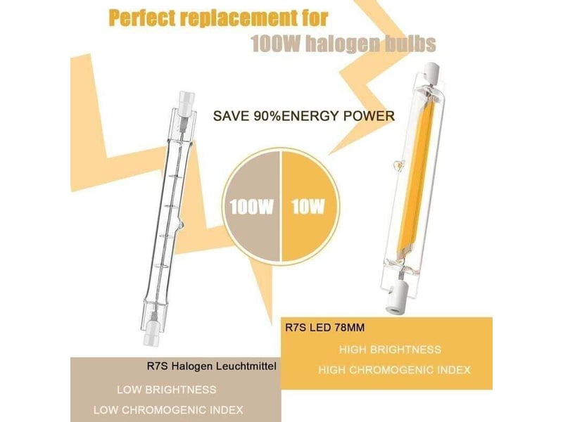  Ampoule led r7s 78mm,10w équivalent ampoule halogène r7s 100w j78,blanc chaud 3000k éclairage à faisceau 360 °,paquet de 2  - Conforama B