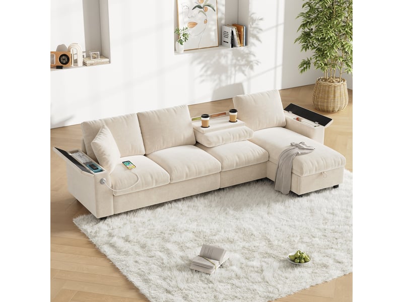  Canapé d'angle réversible fixe 4 places tissu beige coffre de rangement canapé d'angle beige - Conforama E