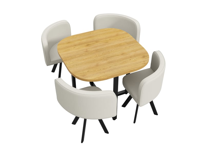  Table à manger et chaises carrée 85x74 cm, 4 places, coins arrondis, gain de place, mdf et lin, blanc et bois  - Conforama R