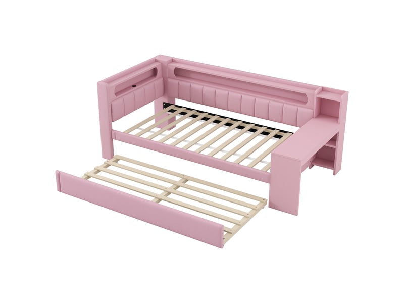  Lit banquette gigogne 90 × 200 cm, bureau intégré, étagères de rangement, éclairage led et ports usb, tissu rose  - Conforama A