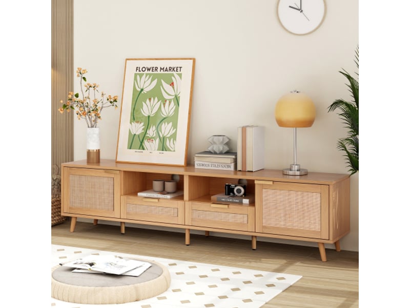 Meuble tv bois avec design en rotin véritable et pieds en bois massif, beaucoup d'espace de rangement  - Conforama C