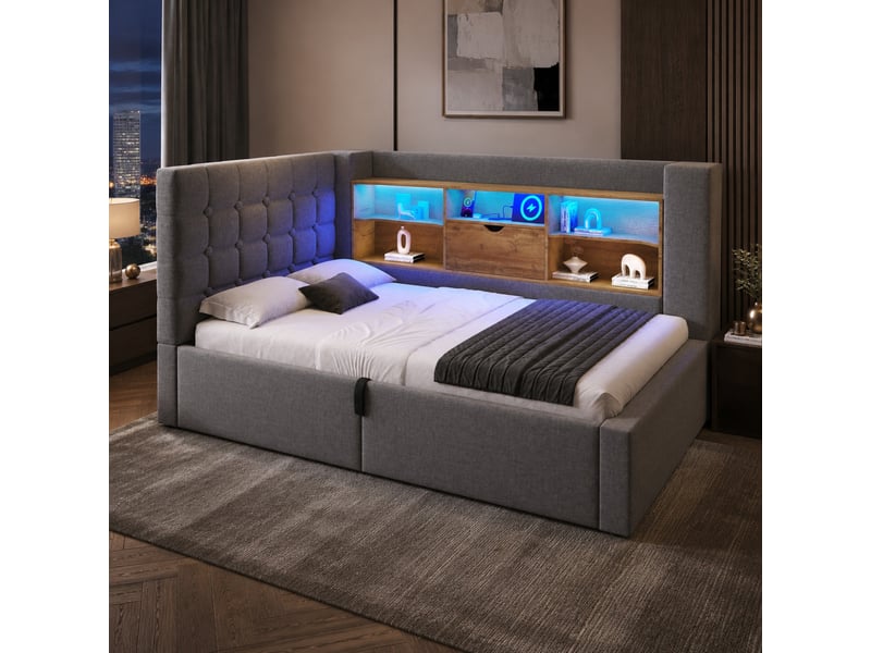 Lit coffre 90x190 cm éclairage led et ports de charge en lin gris - Conforama B