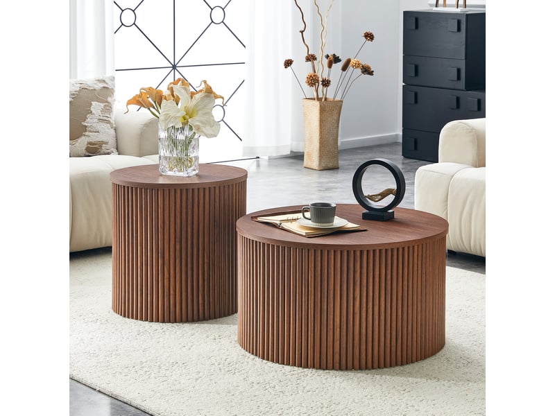  Elvmi lot de 2 tables basses gigognes rondes en panneau fibre moyenne densité finition bois foncé noyer avec coffre de rangement intégré base cannelée style colonne romaine bords arrondis pour salon chambre bureau  - Conforama E