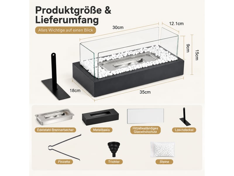  Zmh cheminée éthanol de table noir rectangle 35x18x15cm avec deux abat-jours en verre trempé  - Conforama E