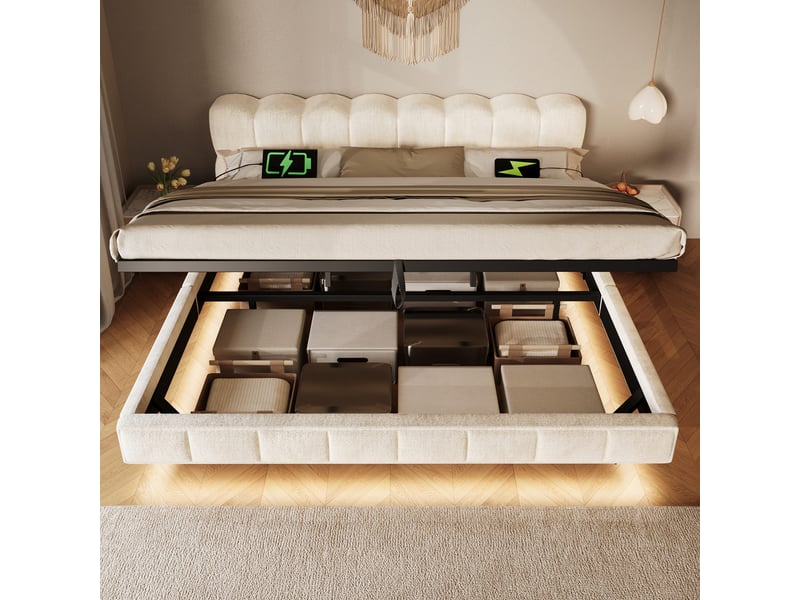 Lit double rembourré 160x200 cm effet suspendu, design nuage, rangement hydraulique, led, usbtype-c, chenille beige, sans matelas Fay Lum - Conforama D