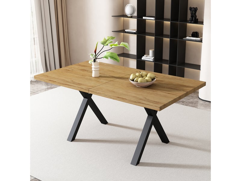  Table à manger moderne chêne+noir 140x80x76 cm, rectangulaire, pieds croisés en fer forgé  - Conforama B