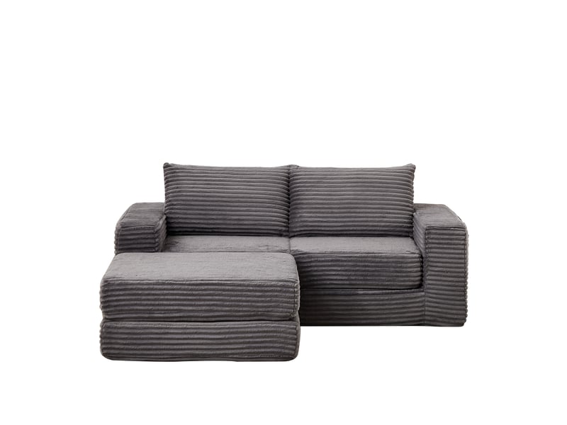 Canapé d’angle modulable en velours côtelé – accoudoirs carrés et 2 coussins inclus, 74×194×169.5 cm, gris - Conforama A