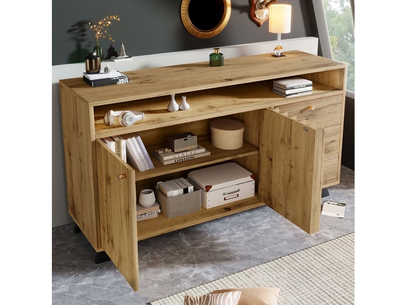 Buffet ulevr avec rangement, 3 tiroirs et 2 portes, niche ouverte, étagère réglable, 120 x 40 x 85 cm, panneaux mdf, chêne foncé - Conforama D