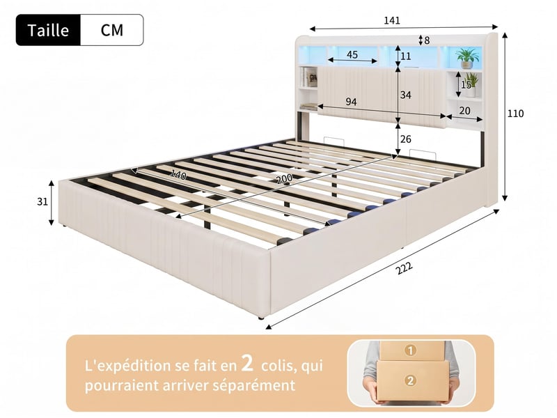  Lit 2 places 140x200 cm – lit coffre – tête de lit avec espace de rangement – ​​ ports usbtype-c – éclairage led rgb –  sommier à lattes – lin beige  - Conforama C