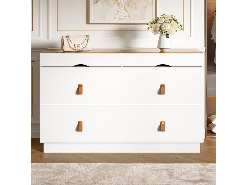  Commode de rangement blanche à 6 tiroirs avec plateau en verre – 120 x 40 x 78 cm  - Conforama B