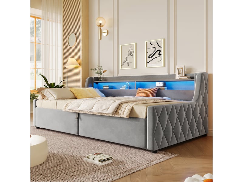  Lit enfant rembourré 90x200 lit coffre hydraulique lit simple avec rangement éclairage led, gris  - Conforama C