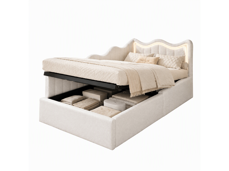 Canapé lit ado 90x200 avec rangement sous lit, lit banquette avec led lit simple avec cadre de lit à lattes et tête de lit rembourrée blanc velours teddy, sans matelas - Conforama A