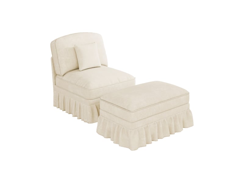  Fauteuil avec pouf lounge avec housse à volants amovible, coussin mobile et assise profonde, en chenille blanc  - Conforama A