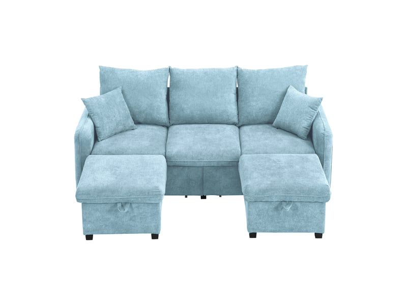  Canapé d’angle en u 3 places 188x186x86 cm convertible avec tiroirs, pouf coffre, modules séparables, chenille, bleu Sol Morn - Conforama A