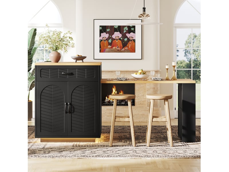 Îlot de cuisine 80 x 70 x 95,5 cm – noir – table extensible, rangements intégrés et bande led - Conforama E
