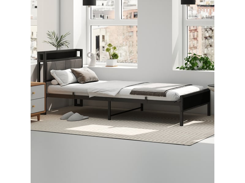Lit simple 90x200 cm - tête de lit rembourrée avec 2 ports usb - structure métal robuste - hauteur sous sommier 27 cm - noir  - Conforama E