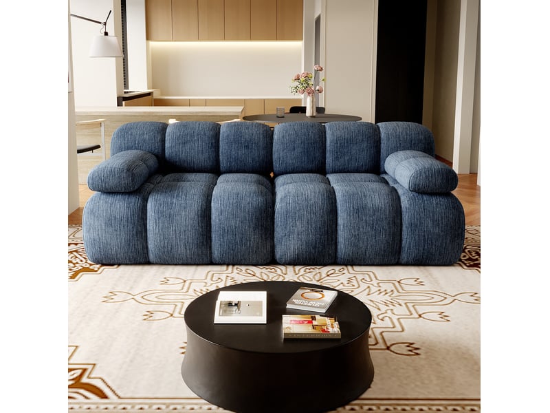  Canapé droit 2 places compressé 200x100x68 cm en mousse douce et tissu chenille couleur bleu, moderne  - Conforama B