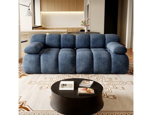 Canapé droit 2 places compressé 200x100x68 cm en mousse douce et tissu chenille couleur bleu, moderne