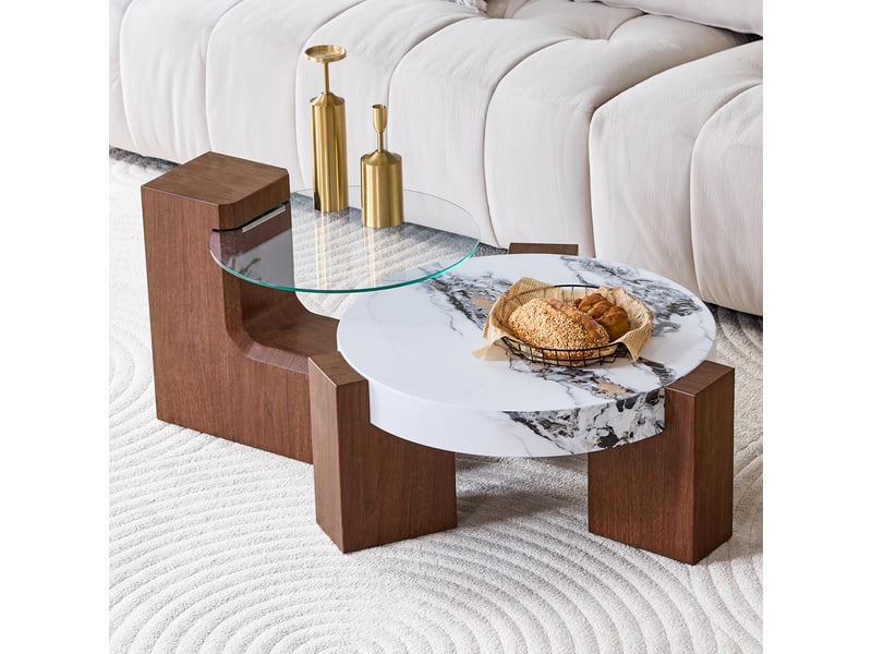  Table basse carré 61×61×30 cm, mdf et verre, blanc et noyer Fay Lum - Conforama B