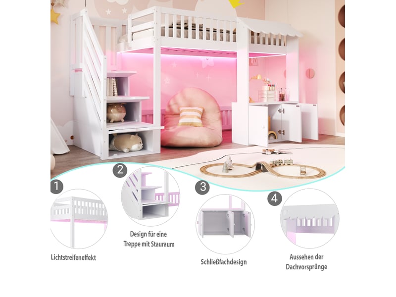 Lit mezzanine enfant 90x200 cm – blanc – escalier à 3 compartiments, led multicolore - sans matelas - Conforama E