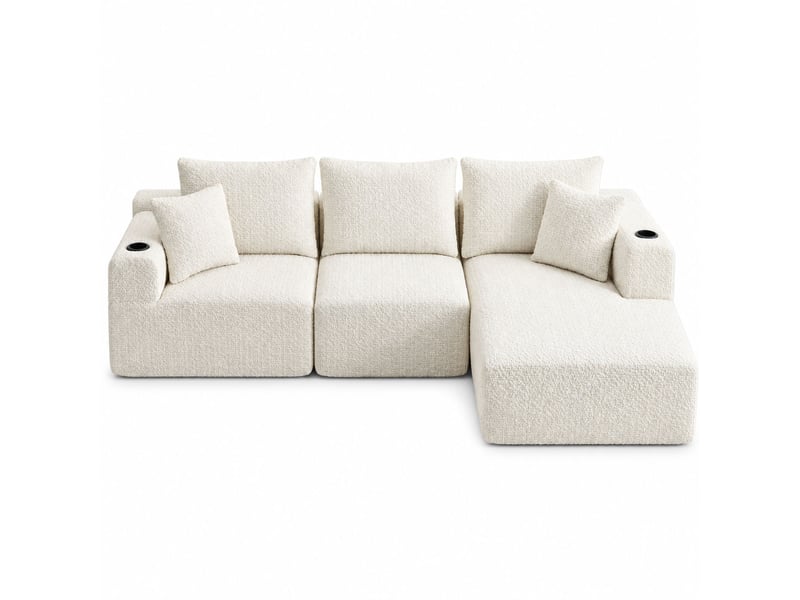 Canapé d'angle modulable 3 places 261x165x80 cm, méridienne, mousse à mémoire de forme, porte-gobelet, sans montage, chenille beige - Conforama A
