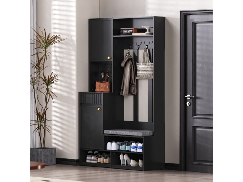  Armoire-penderie noir avec banc intégré - 100×180×35 cm, 4 crochets, portes et tiroirs  - Conforama D