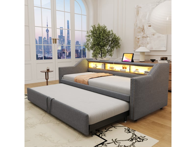  Lit canapé escamotable en toile de jute gris foncé 90x190 cm  - Conforama B