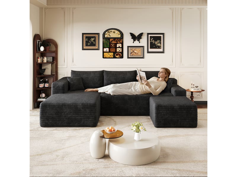 Canapé d’angle noir 4 places, canapé en l de 241 cm en tissu côtelé, assise profonde et confort moelleux pour le salon - Conforama E
