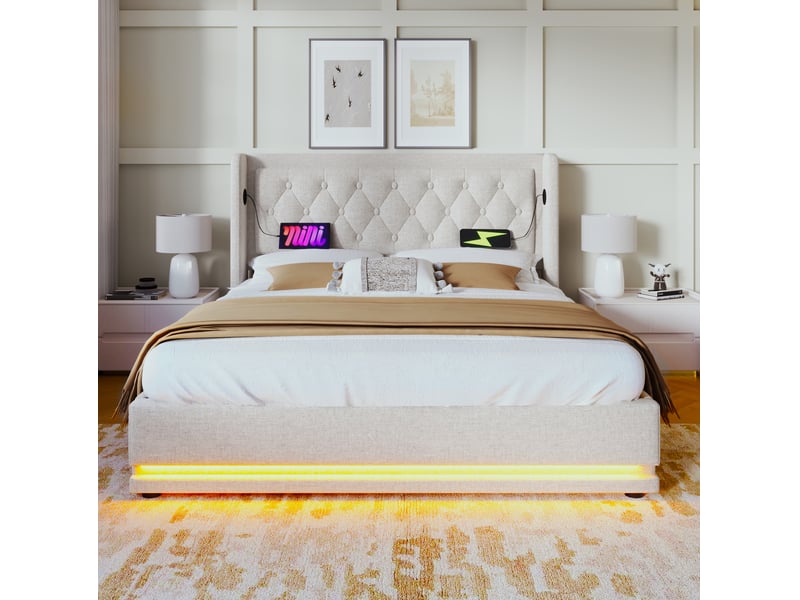  Lit double 160x200 cm avec rangement hydraulique, port usb type-c, led 3 côtés, coton beige, sans matelas  - Conforama C