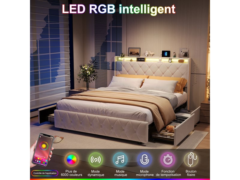 Lit coffre 160x200 cm, tête de lit led, coloris beige - Conforama C